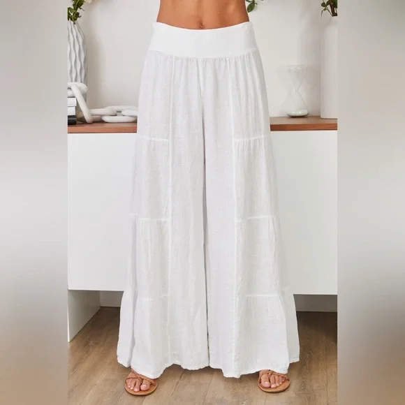 (2-36/255005-SOL-WHT) LINEN TIERED PALAZZO PANT - Picture 4 of 5